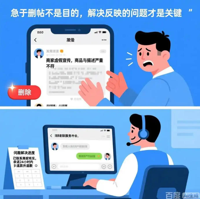 急于删帖不是目的，解决反映的问题才是关键